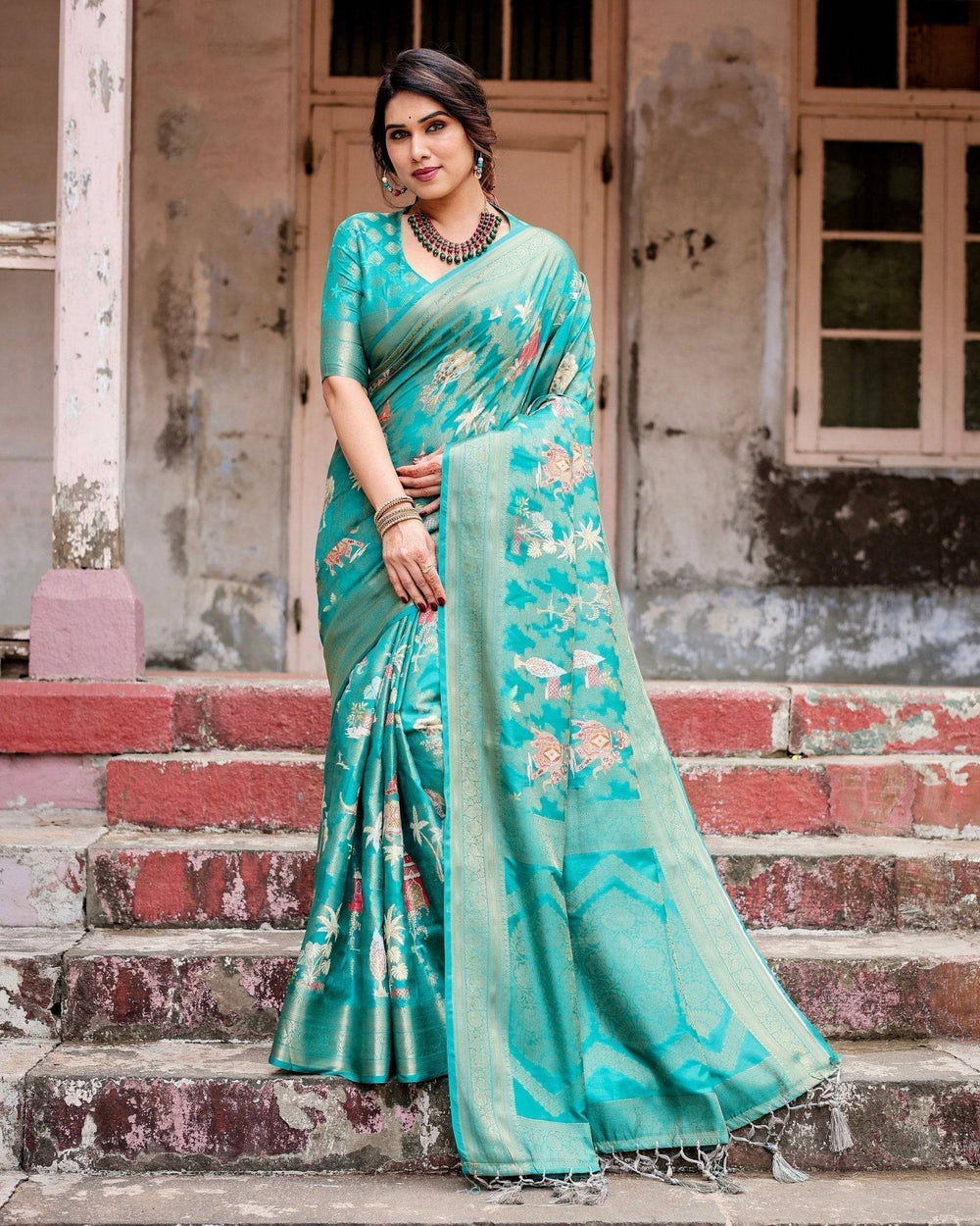 Elegant Teal Green Banarasi Silk Saree with Intricate Zari Weaving and Tassels RICH VARSHA H 1161-70