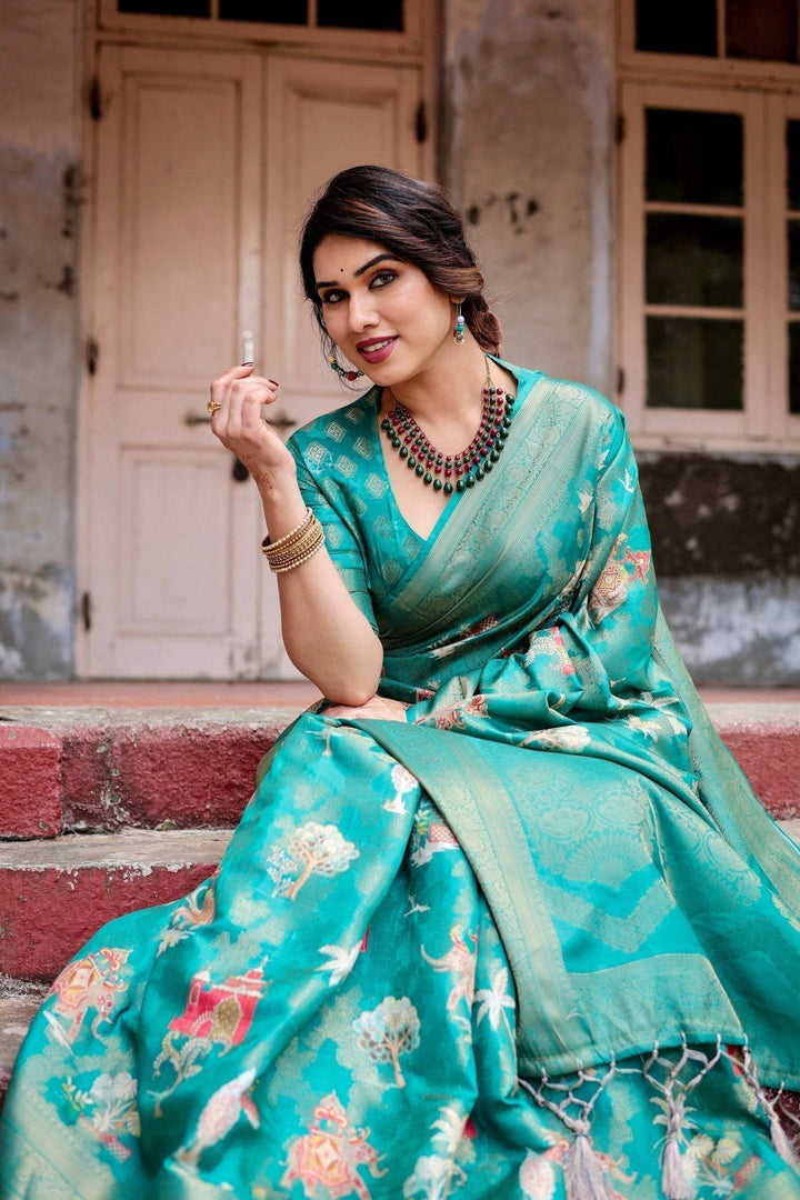 Elegant Teal Green Banarasi Silk Saree with Intricate Zari Weaving and Tassels RICH VARSHA H 1161-70