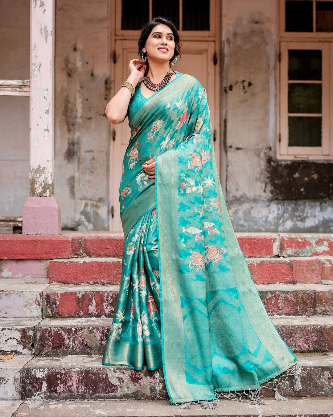 Elegant Teal Green Banarasi Silk Saree with Intricate Zari Weaving and Tassels RICH VARSHA H 1161-70