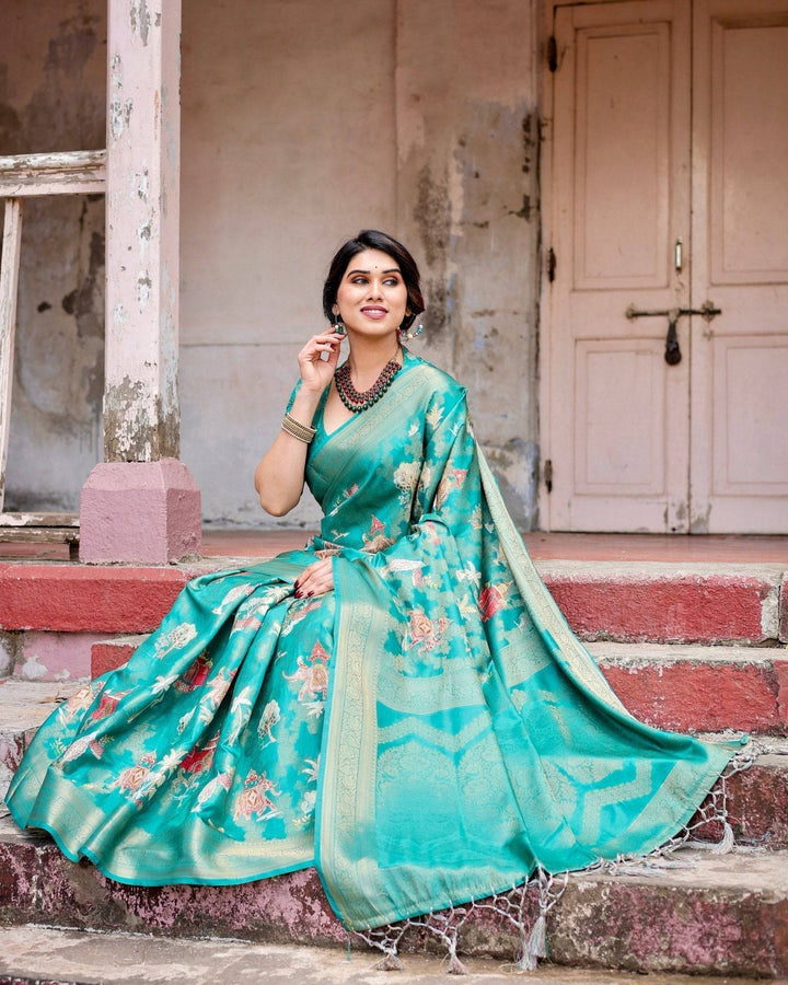 Elegant Teal Green Banarasi Silk Saree with Intricate Zari Weaving and Tassels RICH VARSHA H 1161-70