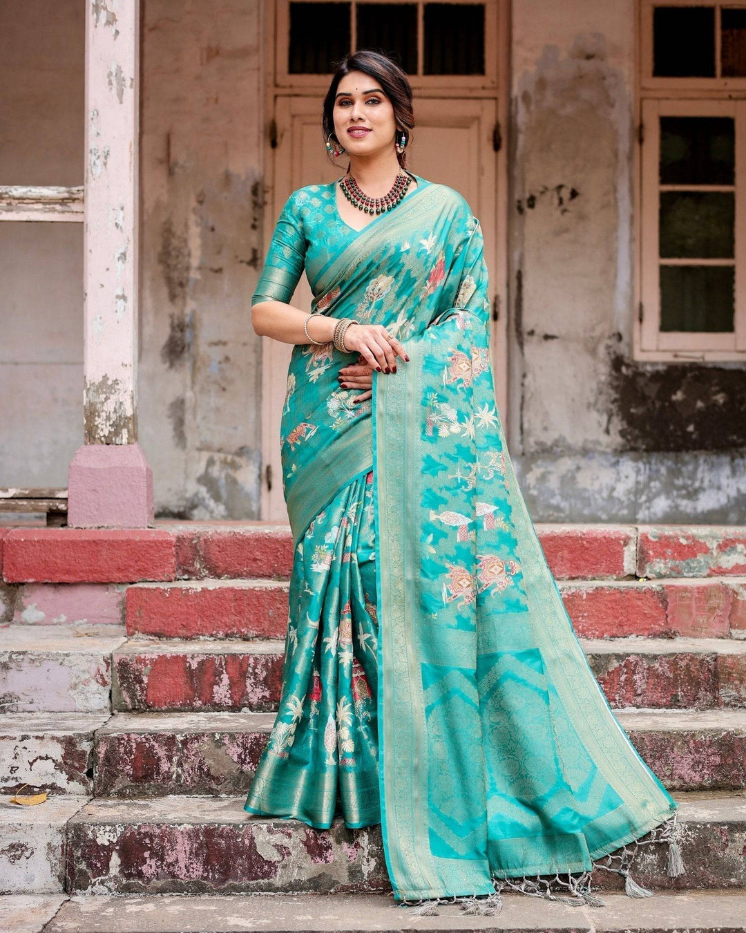 Elegant Teal Green Banarasi Silk Saree with Intricate Zari Weaving and Tassels RICH VARSHA H 1161-70