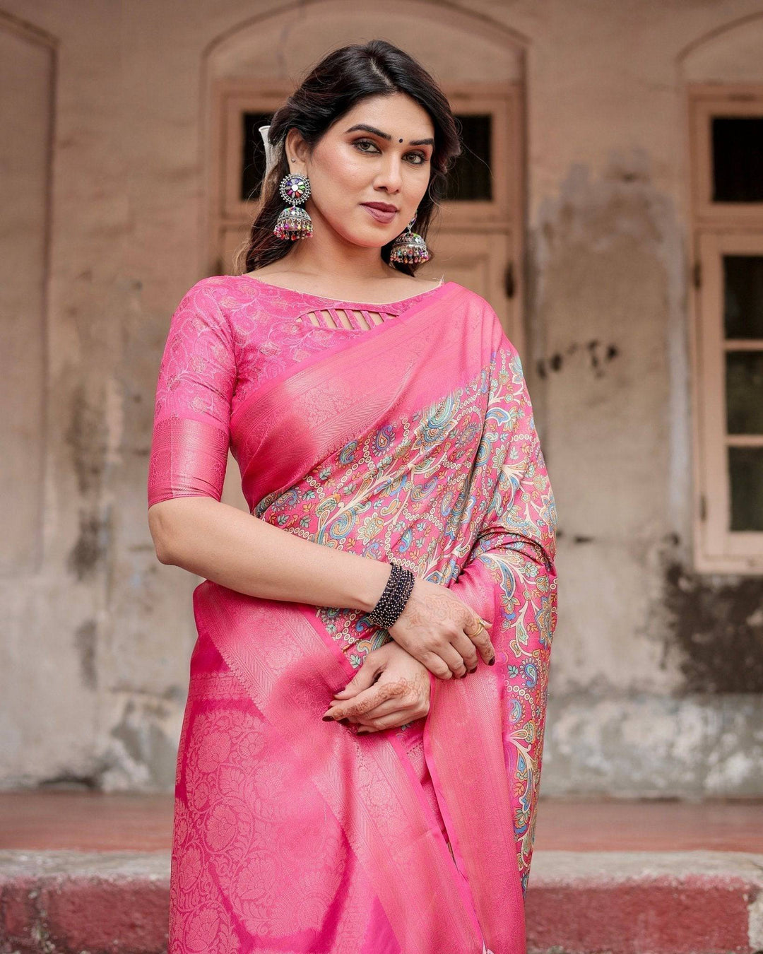 Elegant Pink Banarasi Silk Saree with Paisley Design Zari Weaving and Tassels RICH VARSHA H 1181-90