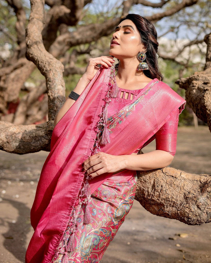 Elegant Pink Banarasi Silk Saree with Paisley Design Zari Weaving and Tassels RICH VARSHA H 1181-90