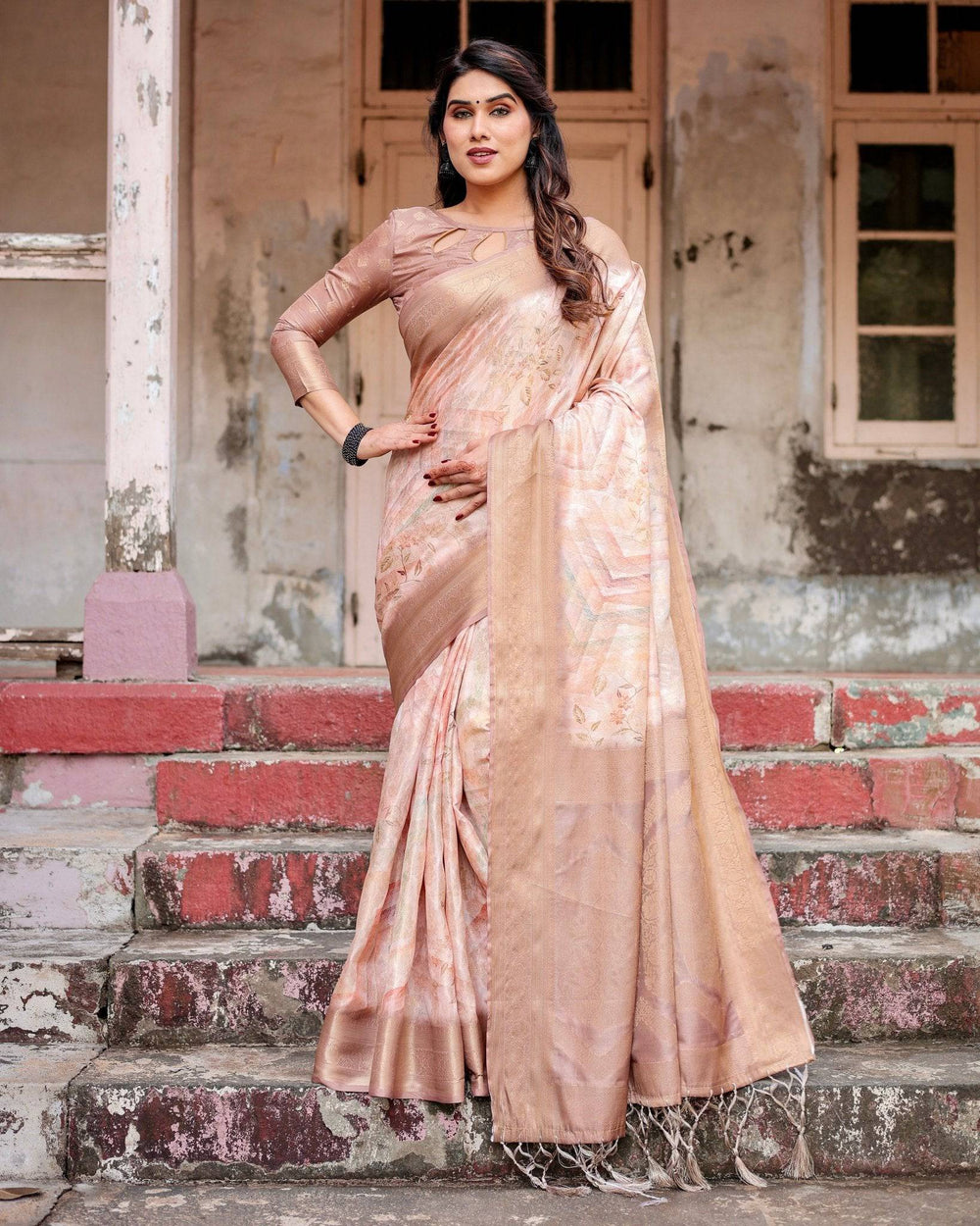 Elegant Beige Banarasi Silk Saree with Tassels and Zari Work RICH VARSHA H 1181-90