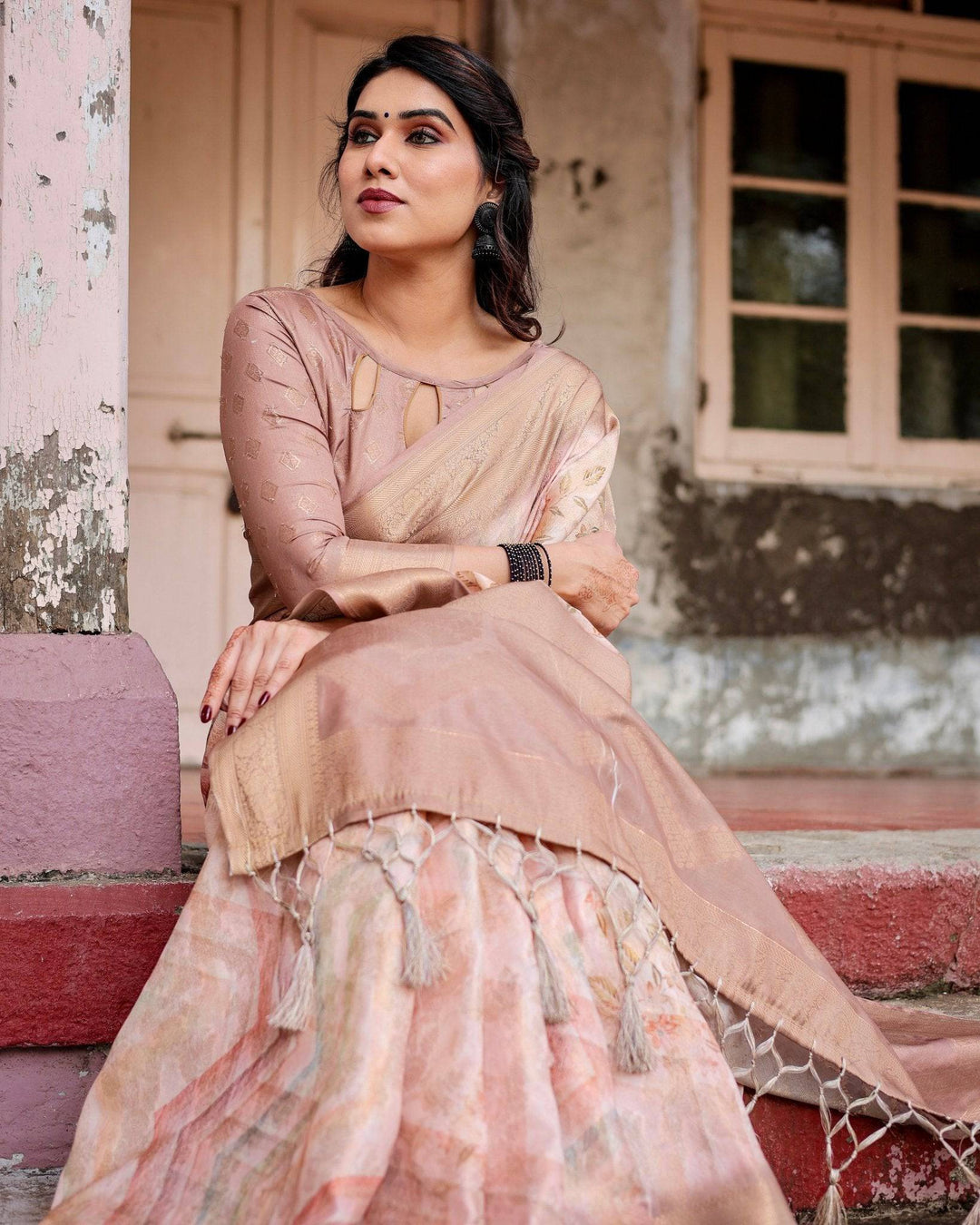 Elegant Beige Banarasi Silk Saree with Tassels and Zari Work RICH VARSHA H 1181-90
