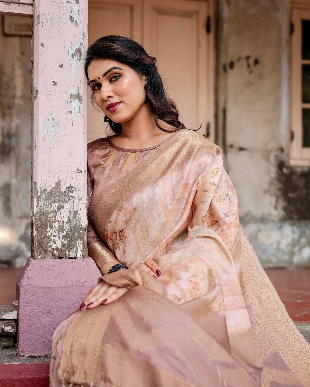 Elegant Beige Banarasi Silk Saree with Tassels and Zari Work RICH VARSHA H 1181-90