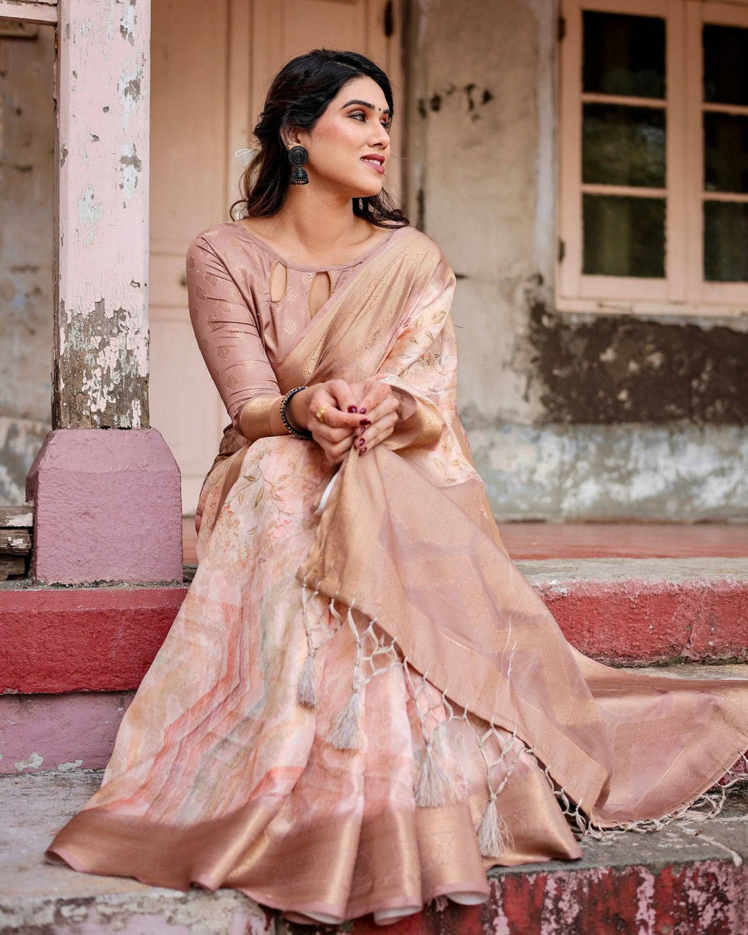 Elegant Beige Banarasi Silk Saree with Tassels and Zari Work RICH VARSHA H 1181-90