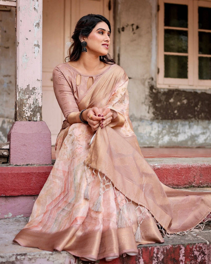 Elegant Beige Banarasi Silk Saree with Tassels and Zari Work RICH VARSHA H 1181-90