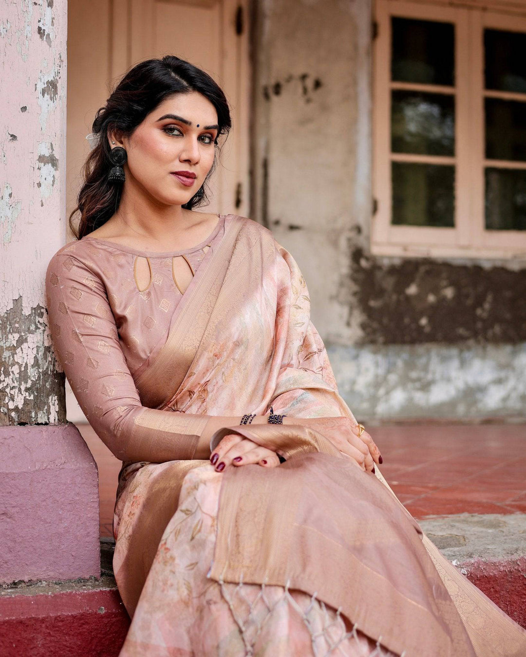 Elegant Beige Banarasi Silk Saree with Tassels and Zari Work RICH VARSHA H 1181-90