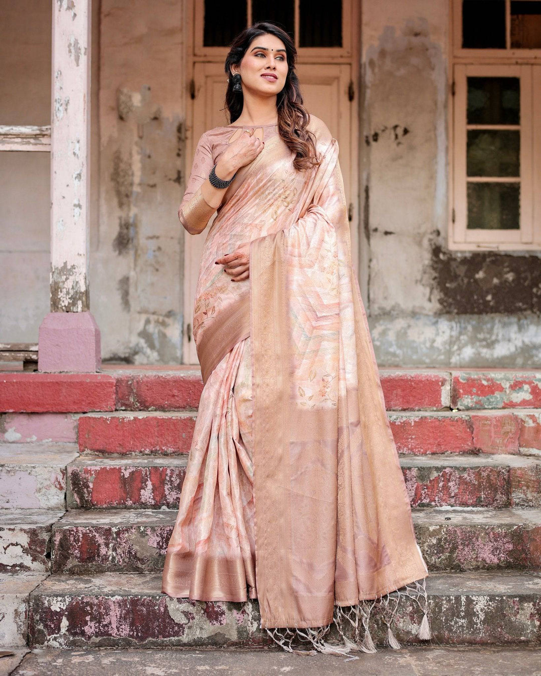 Elegant Beige Banarasi Silk Saree with Tassels and Zari Work RICH VARSHA H 1181-90