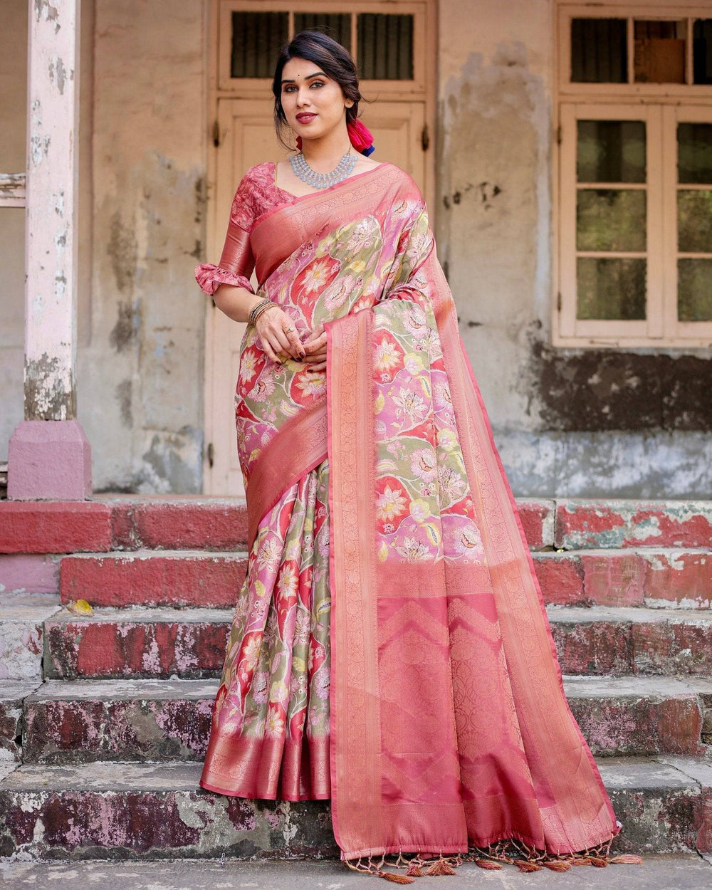 Graceful Peach and Pink Banarasi Silk Saree with Zari Weave and Tassels RICH VARSHA H 1181-90