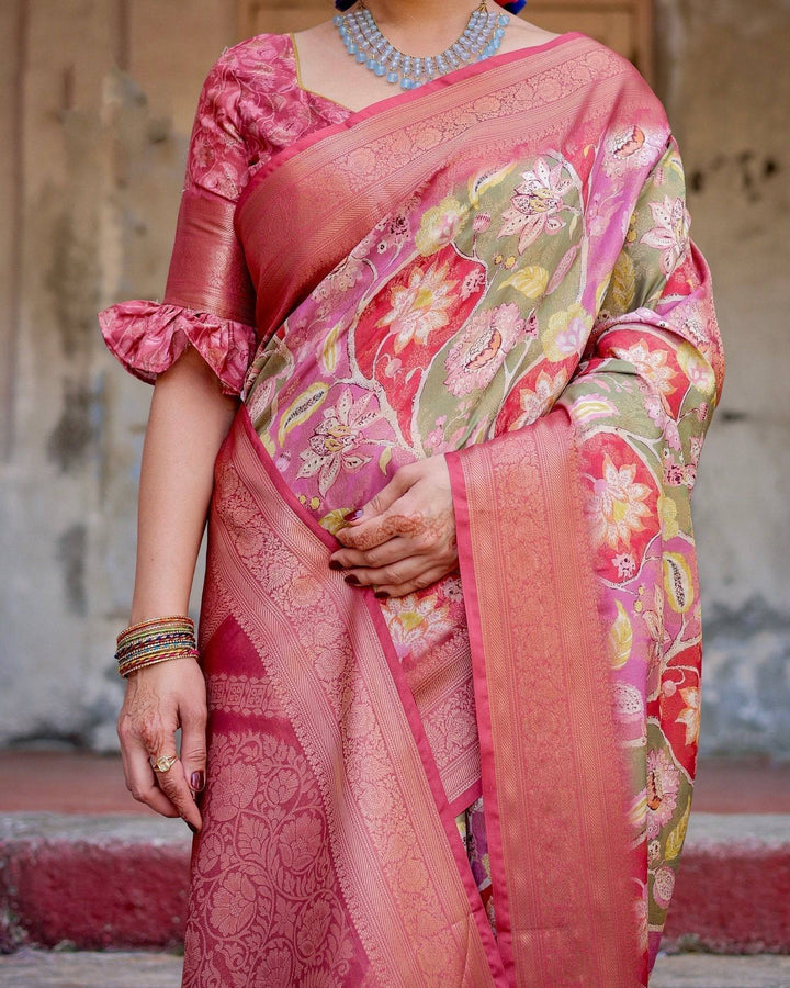 Graceful Peach and Pink Banarasi Silk Saree with Zari Weave and Tassels RICH VARSHA H 1181-90