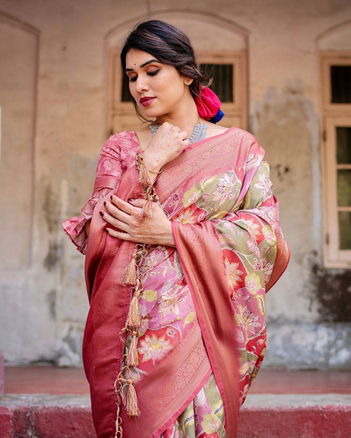Graceful Peach and Pink Banarasi Silk Saree with Zari Weave and Tassels RICH VARSHA H 1181-90
