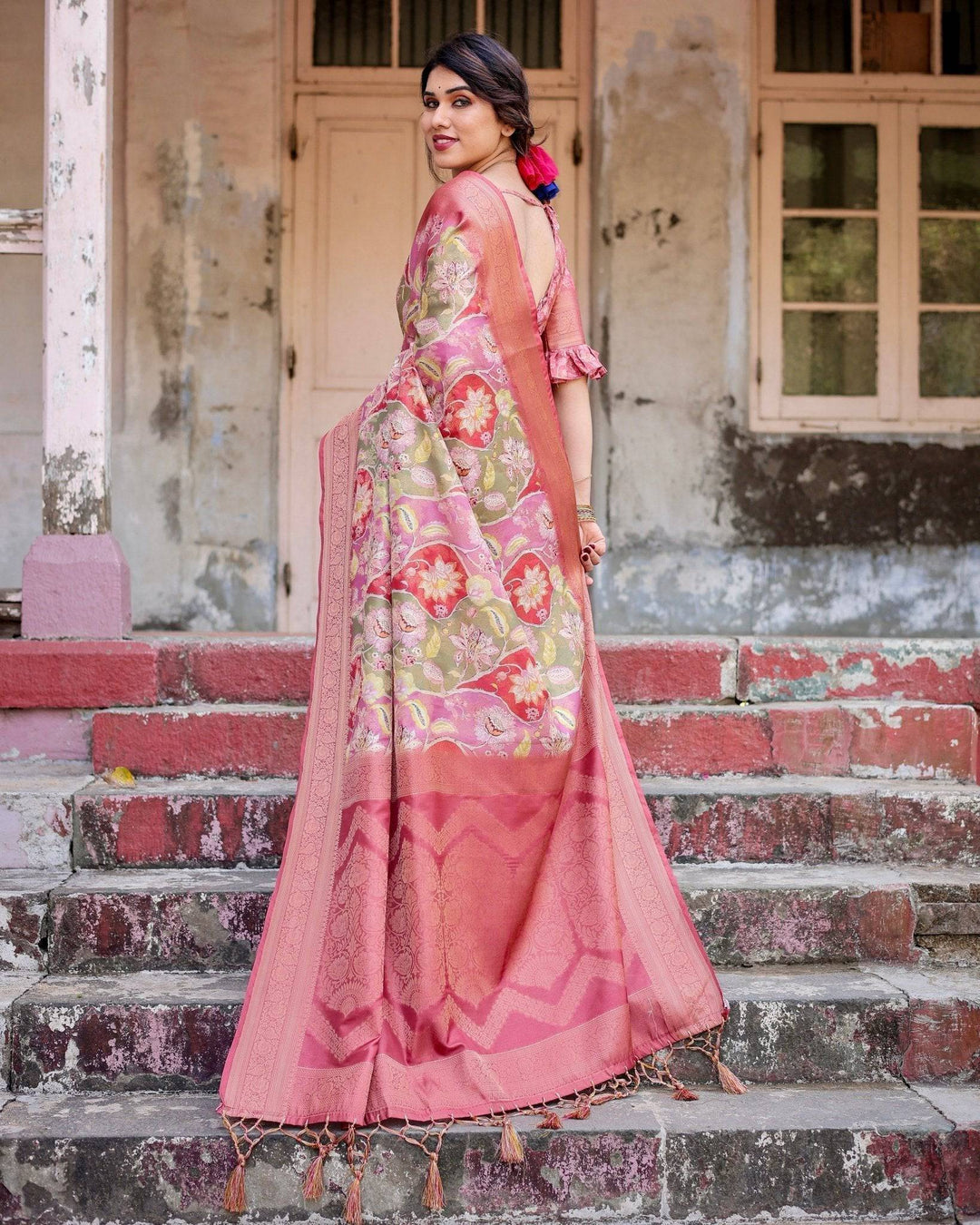 Graceful Peach and Pink Banarasi Silk Saree with Zari Weave and Tassels RICH VARSHA H 1181-90