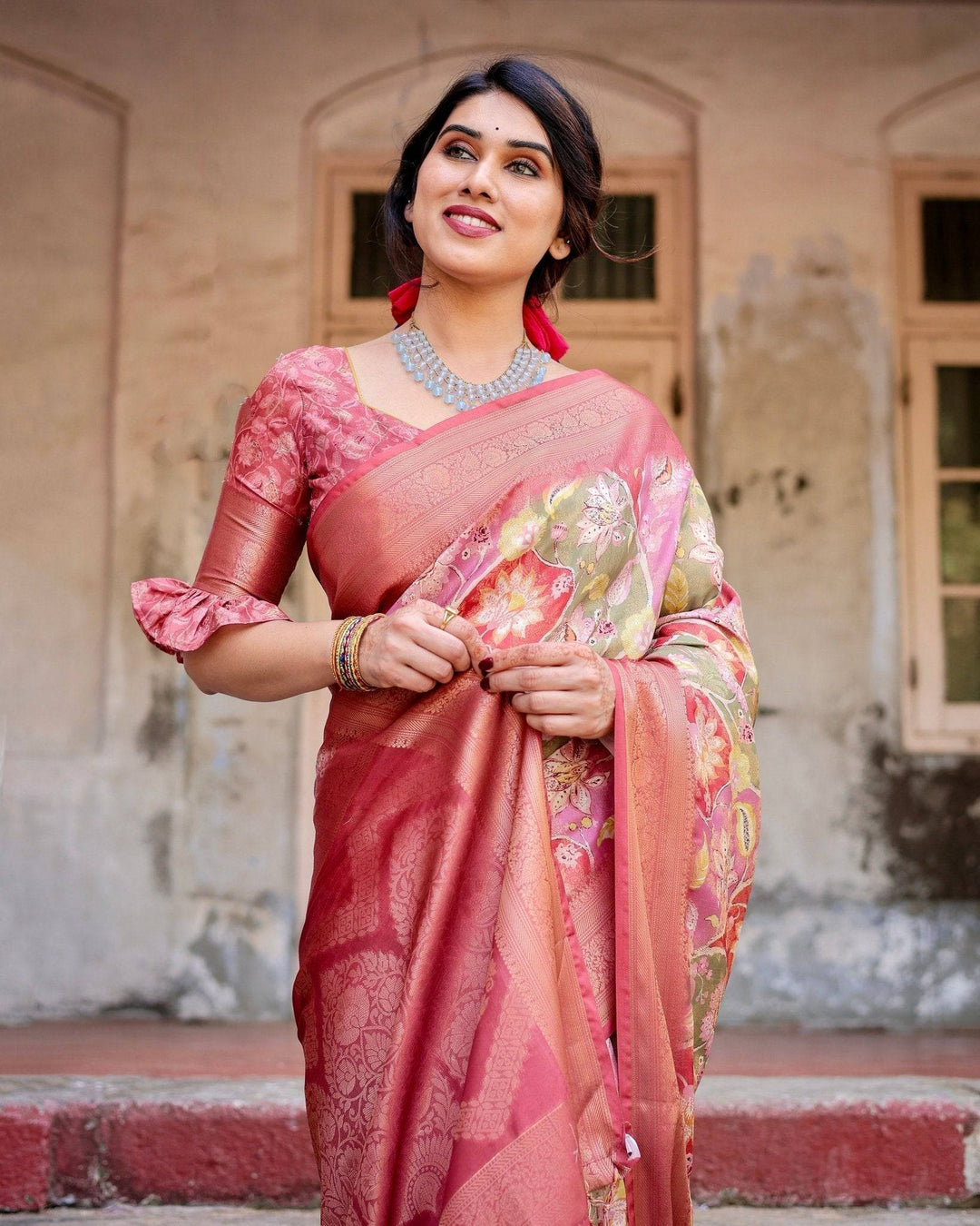 Graceful Peach and Pink Banarasi Silk Saree with Zari Weave and Tassels RICH VARSHA H 1181-90