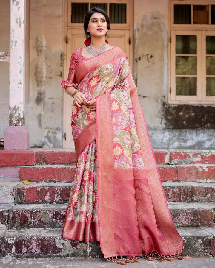 Graceful Peach and Pink Banarasi Silk Saree with Zari Weave and Tassels RICH VARSHA H 1181-90