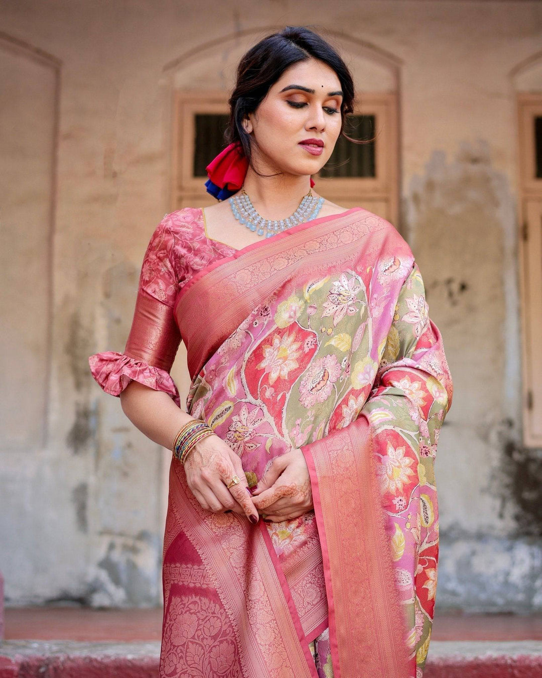 Graceful Peach and Pink Banarasi Silk Saree with Zari Weave and Tassels RICH VARSHA H 1181-90