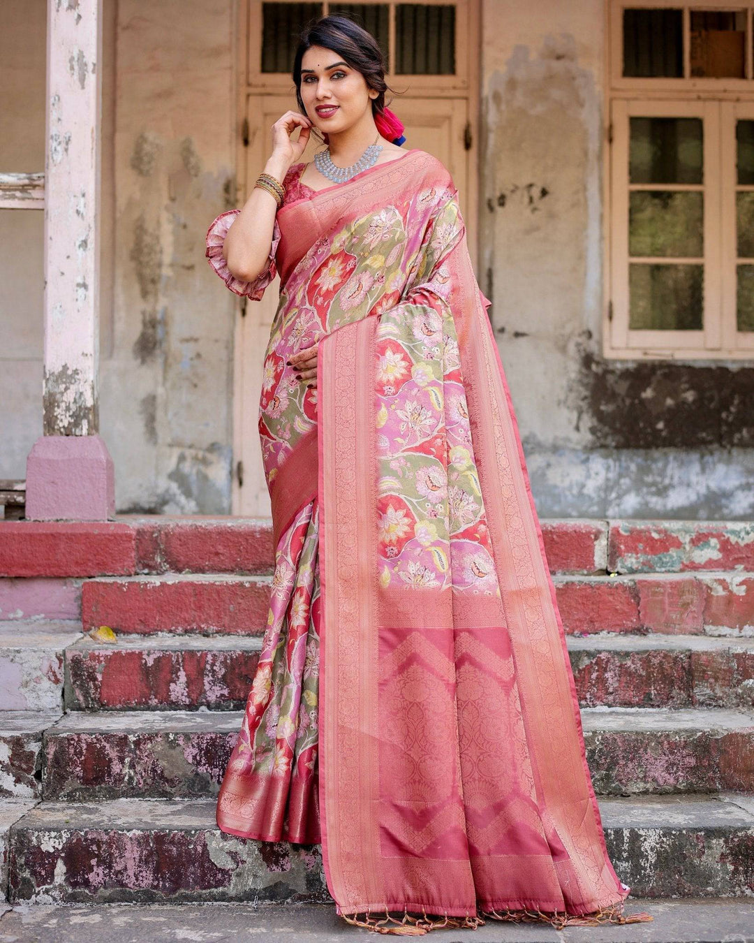 Graceful Peach and Pink Banarasi Silk Saree with Zari Weave and Tassels RICH VARSHA H 1181-90