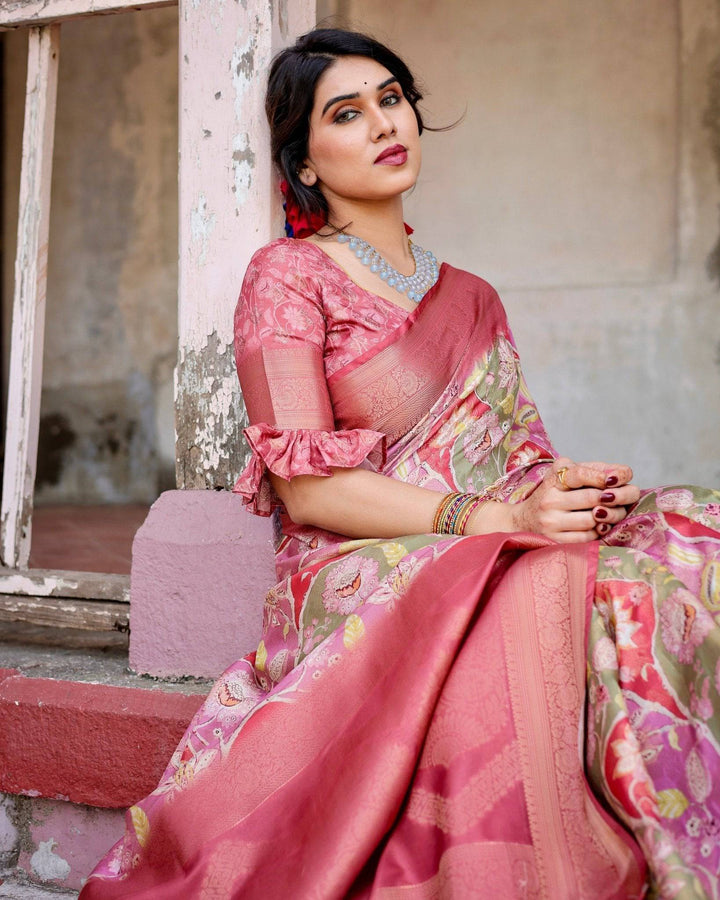 Graceful Peach and Pink Banarasi Silk Saree with Zari Weave and Tassels RICH VARSHA H 1181-90