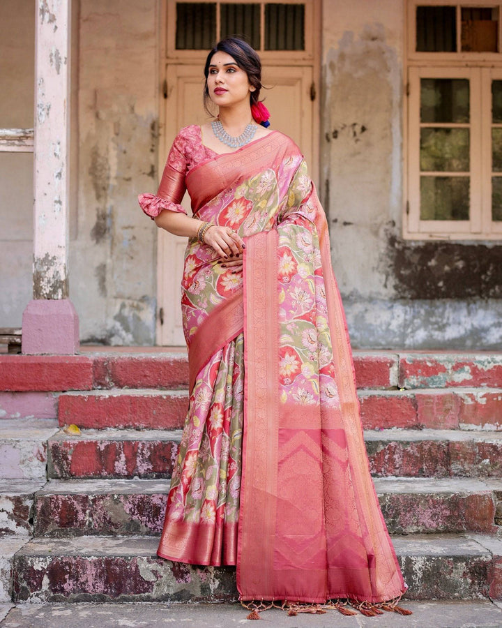 Graceful Peach and Pink Banarasi Silk Saree with Zari Weave and Tassels RICH VARSHA H 1181-90