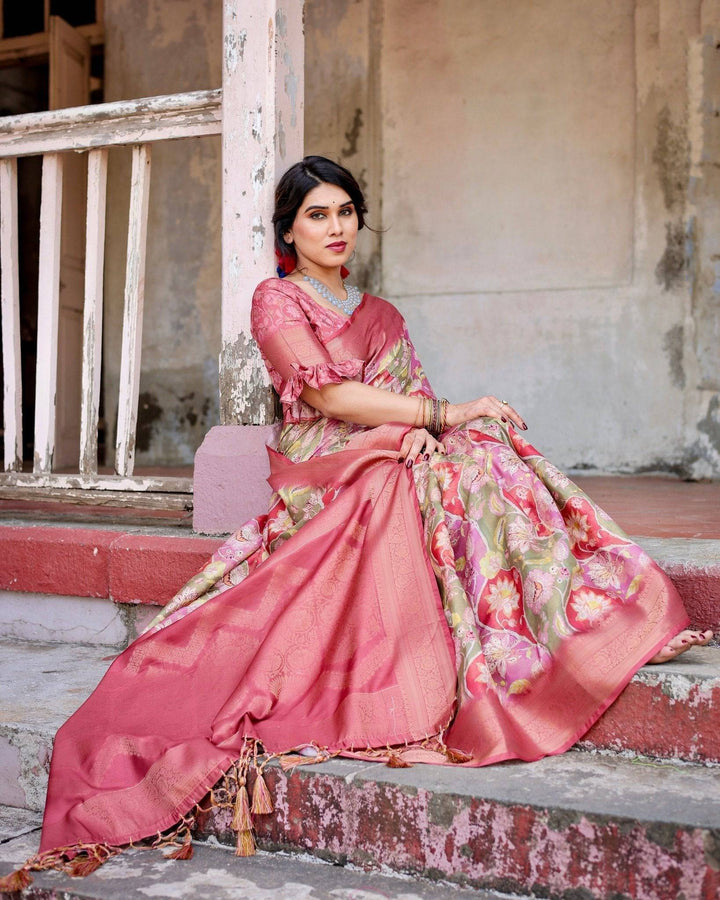 Graceful Peach and Pink Banarasi Silk Saree with Zari Weave and Tassels RICH VARSHA H 1181-90