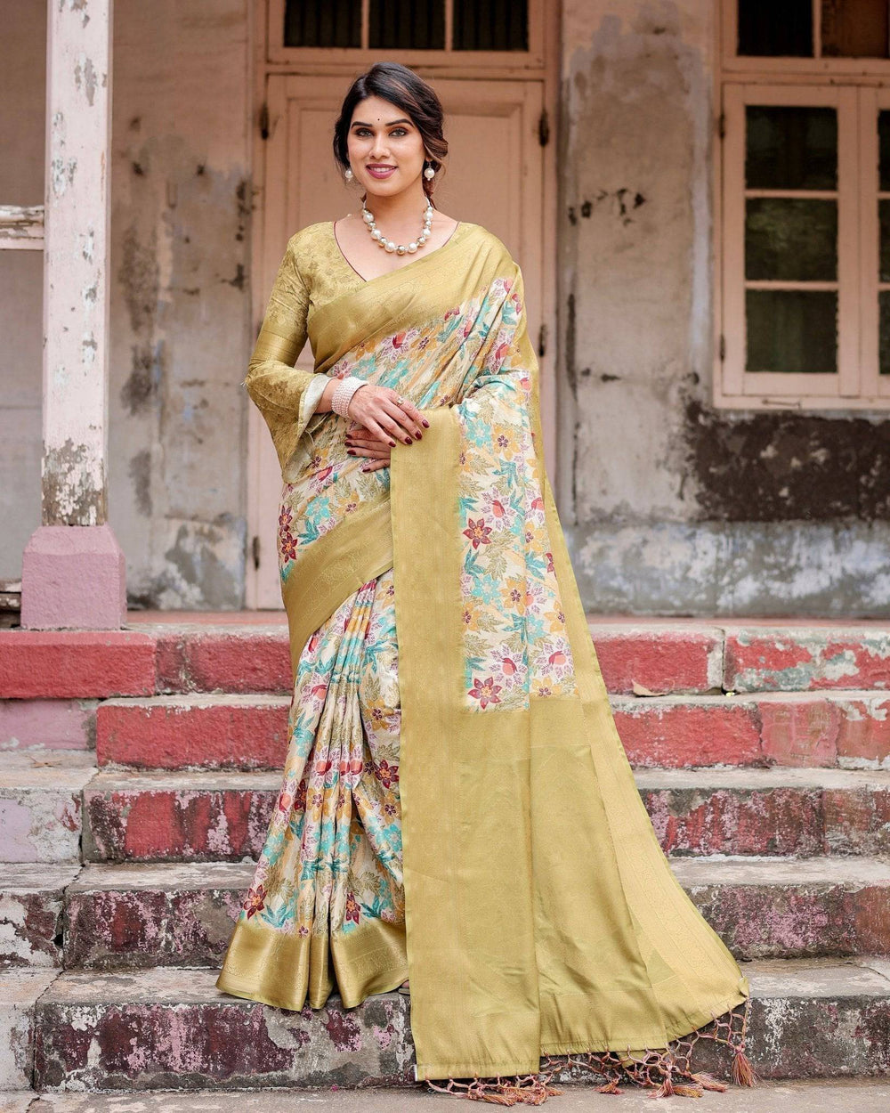 Golden Yellow Banarasi Silk Saree with Multicolor Floral Print and Zari Border RICH VARSHA H 1191-00