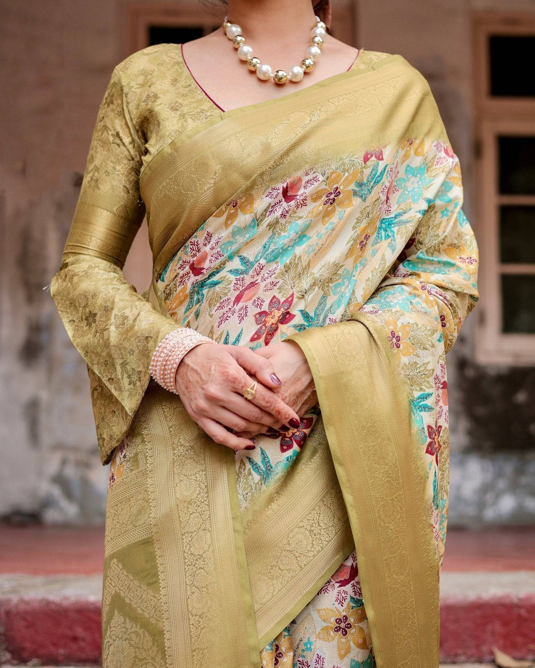 Golden Yellow Banarasi Silk Saree with Multicolor Floral Print and Zari Border RICH VARSHA H 1191-00