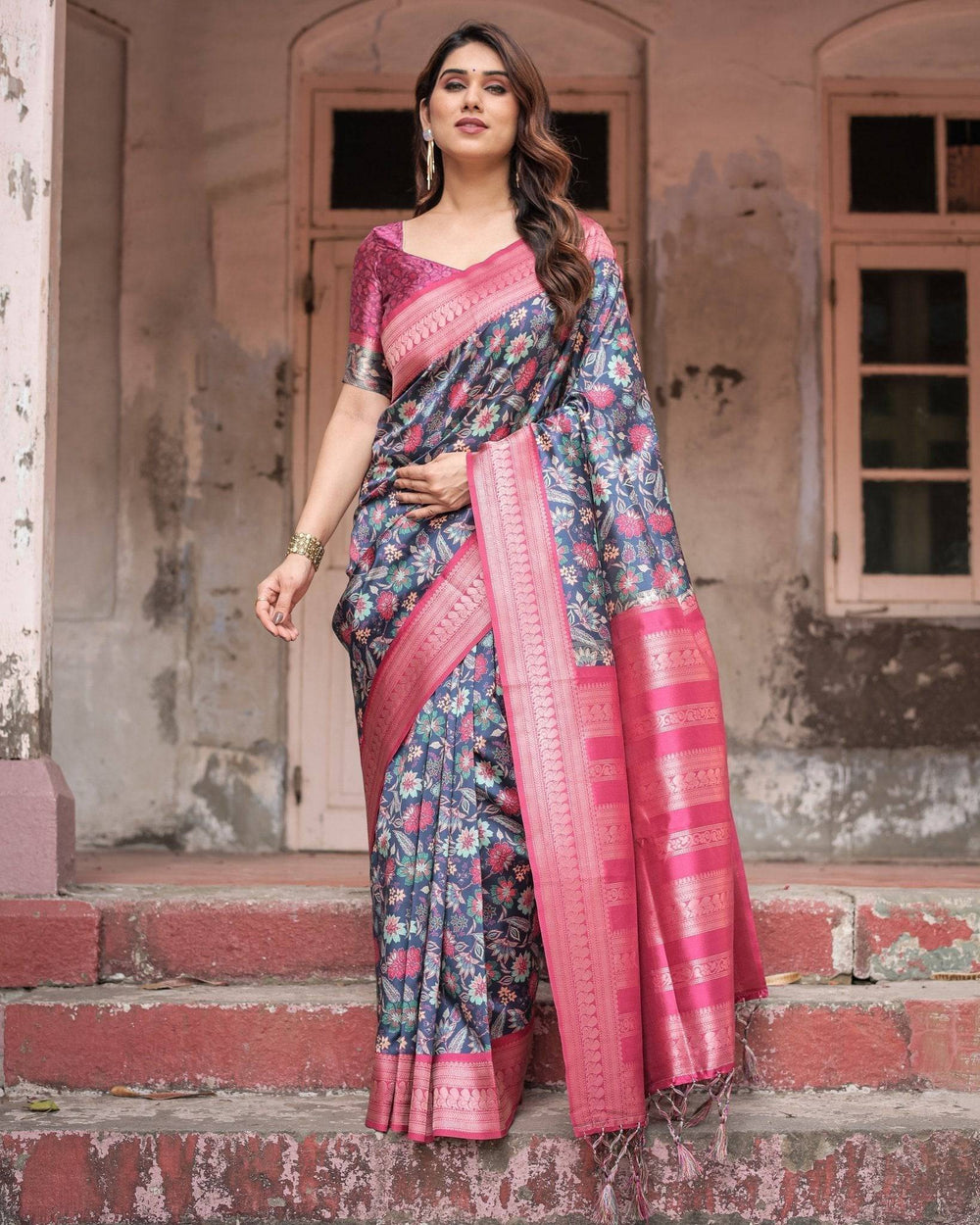 Stunning Navy Banarasi Silk Saree with Vibrant Floral Prints and Pink Zari Border RICH VARSHA H 1201-10