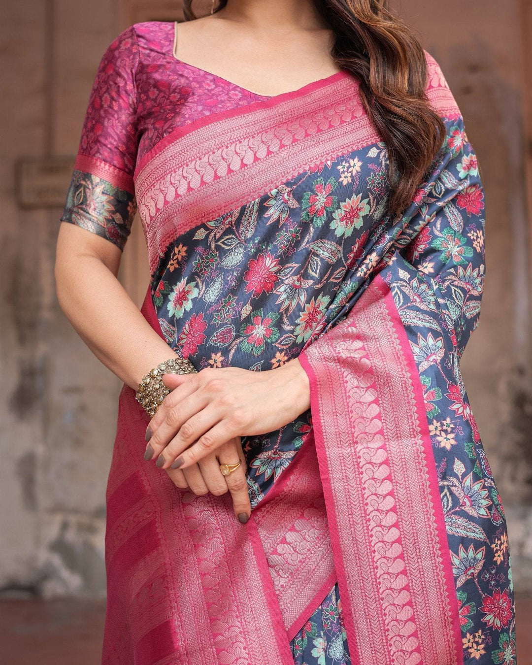 Stunning Navy Banarasi Silk Saree with Vibrant Floral Prints and Pink Zari Border RICH VARSHA H 1201-10