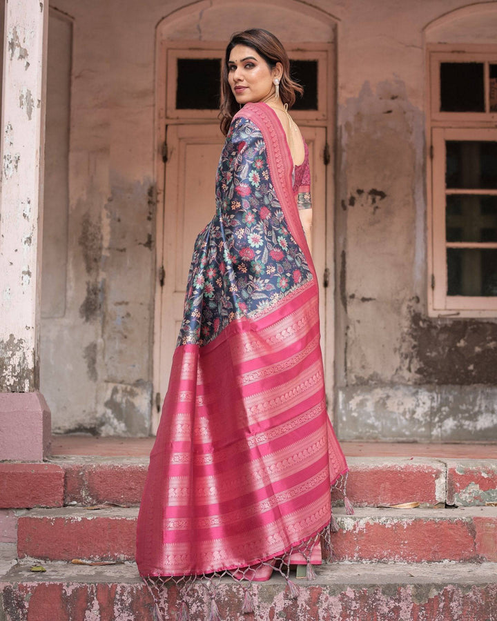 Stunning Navy Banarasi Silk Saree with Vibrant Floral Prints and Pink Zari Border RICH VARSHA H 1201-10