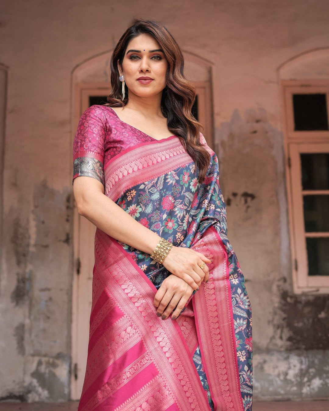 Stunning Navy Banarasi Silk Saree with Vibrant Floral Prints and Pink Zari Border RICH VARSHA H 1201-10