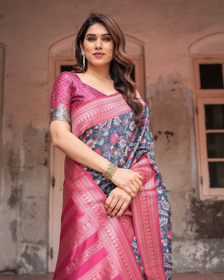 Stunning Navy Banarasi Silk Saree with Vibrant Floral Prints and Pink Zari Border RICH VARSHA H 1201-10