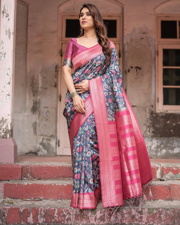 Stunning Navy Banarasi Silk Saree with Vibrant Floral Prints and Pink Zari Border RICH VARSHA H 1201-10