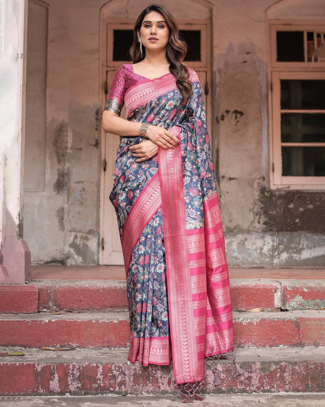 Stunning Navy Banarasi Silk Saree with Vibrant Floral Prints and Pink Zari Border RICH VARSHA H 1201-10