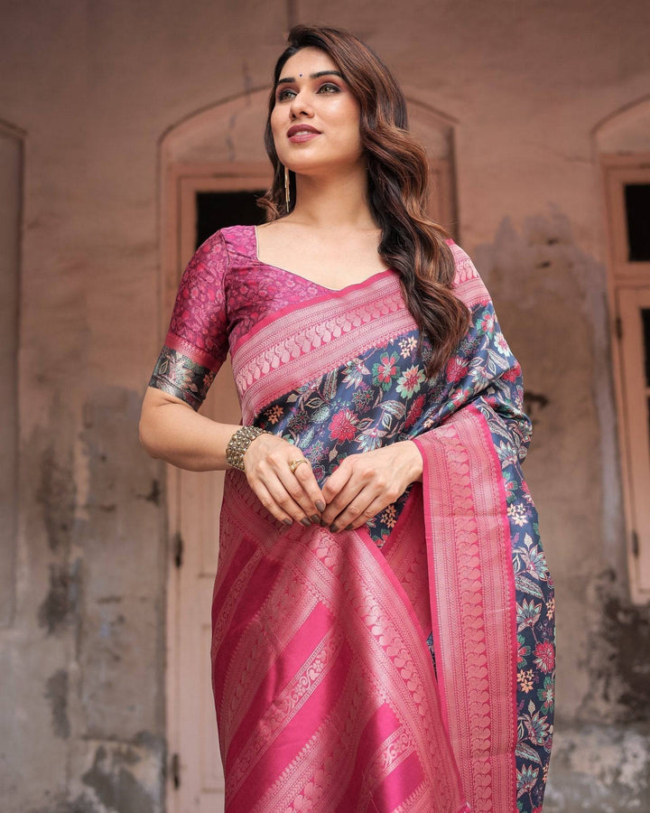 Stunning Navy Banarasi Silk Saree with Vibrant Floral Prints and Pink Zari Border RICH VARSHA H 1201-10