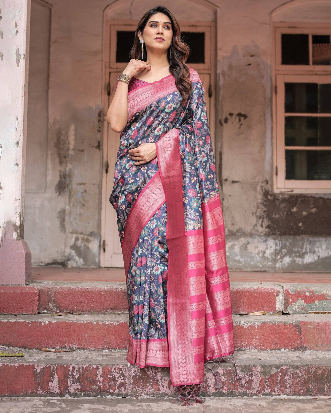 Stunning Navy Banarasi Silk Saree with Vibrant Floral Prints and Pink Zari Border RICH VARSHA H 1201-10