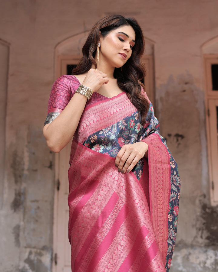 Stunning Navy Banarasi Silk Saree with Vibrant Floral Prints and Pink Zari Border RICH VARSHA H 1201-10