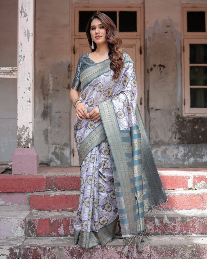 Sophisticated Lilac Banarasi Silk Saree with Floral Prints and Zari Tassel Border RICH VARSHA H 1201-10