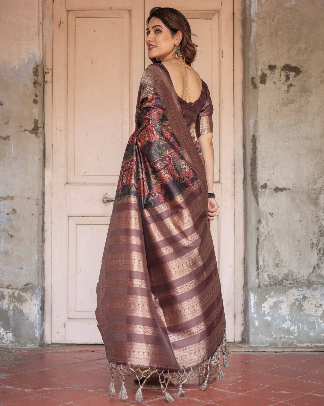 Rich Chocolate Banarasi Silk Saree with Geometric Print and Zari Border RICH VARSHA H 1211-20