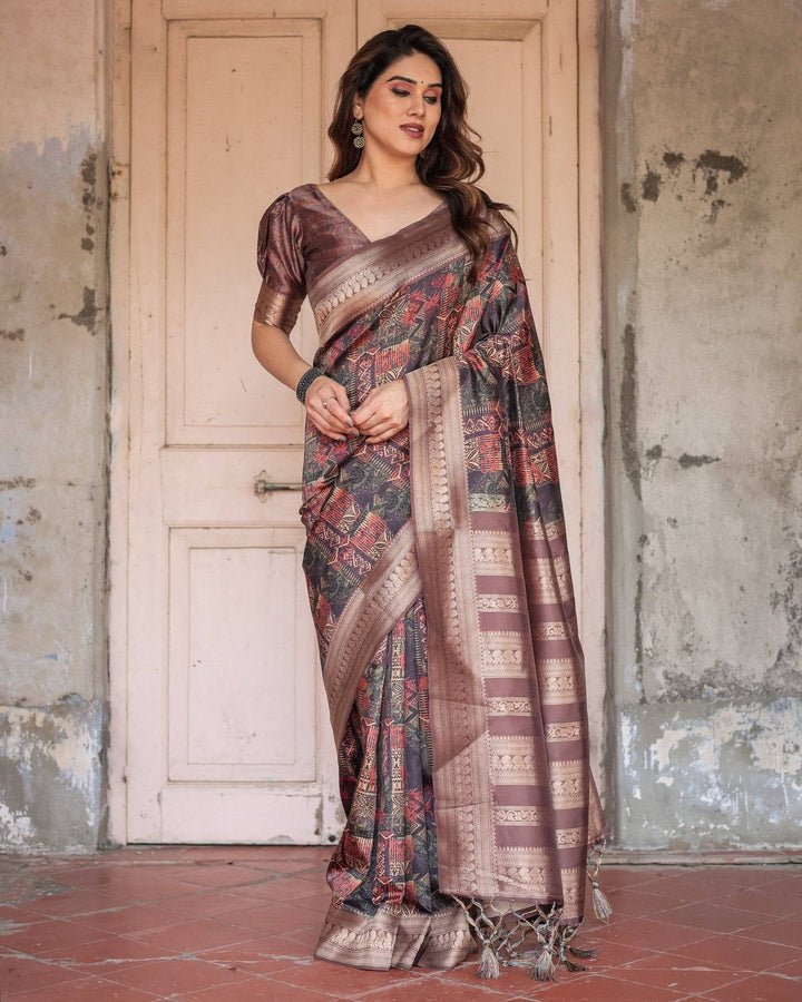 Rich Chocolate Banarasi Silk Saree with Geometric Print and Zari Border RICH VARSHA H 1211-20