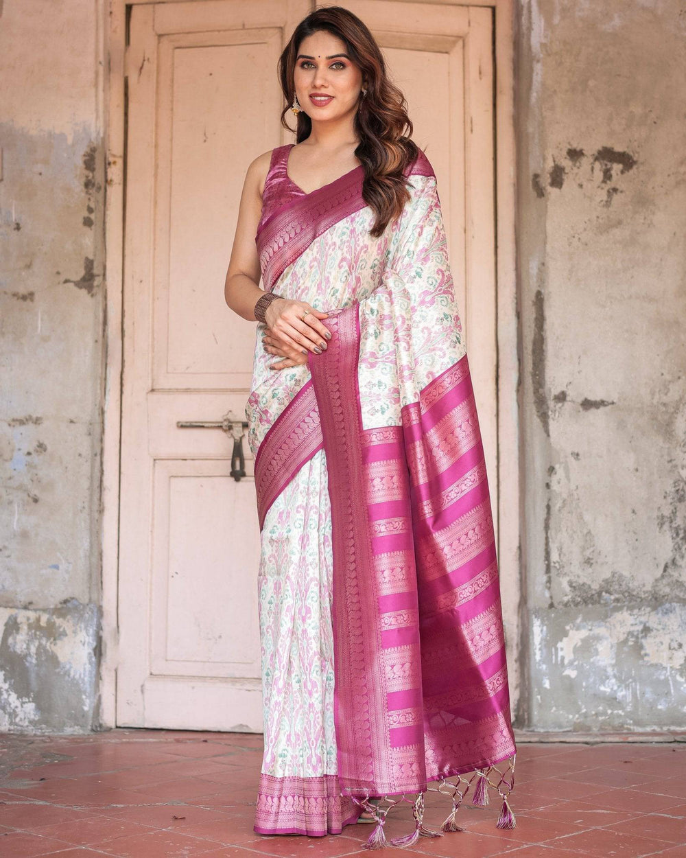 Off-White Banarasi Silk Saree with Pink Ikat Design and Zari Border RICH VARSHA H 1211-20