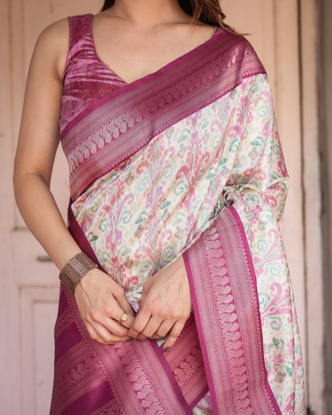 Off-White Banarasi Silk Saree with Pink Ikat Design and Zari Border RICH VARSHA H 1211-20
