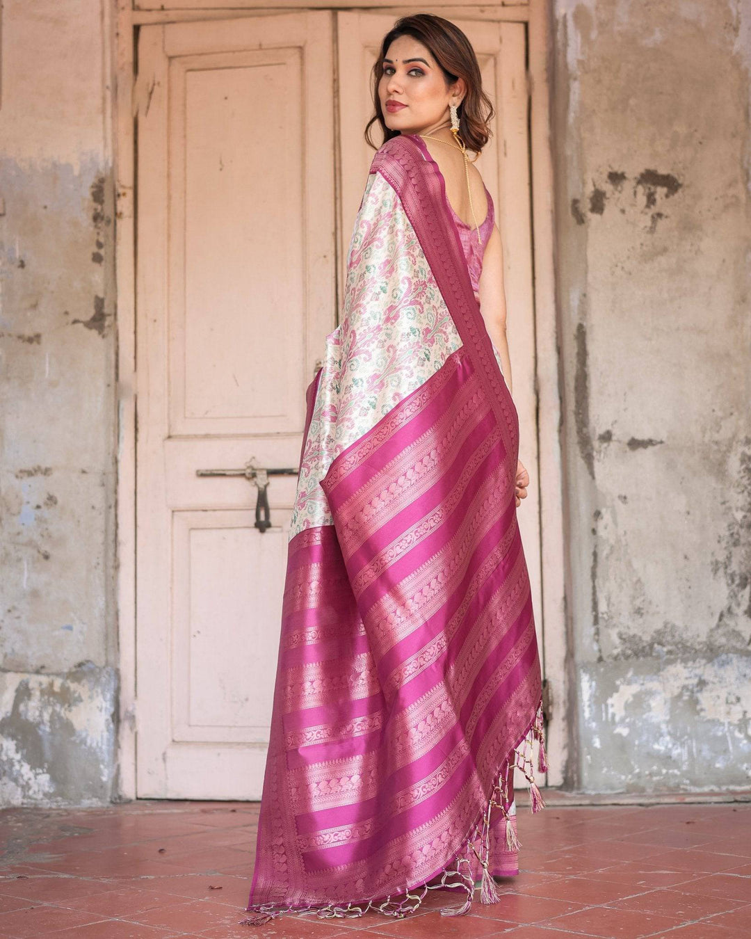 Off-White Banarasi Silk Saree with Pink Ikat Design and Zari Border RICH VARSHA H 1211-20