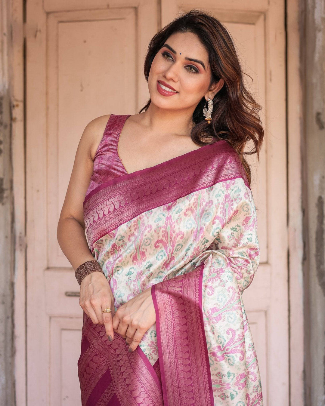 Off-White Banarasi Silk Saree with Pink Ikat Design and Zari Border RICH VARSHA H 1211-20