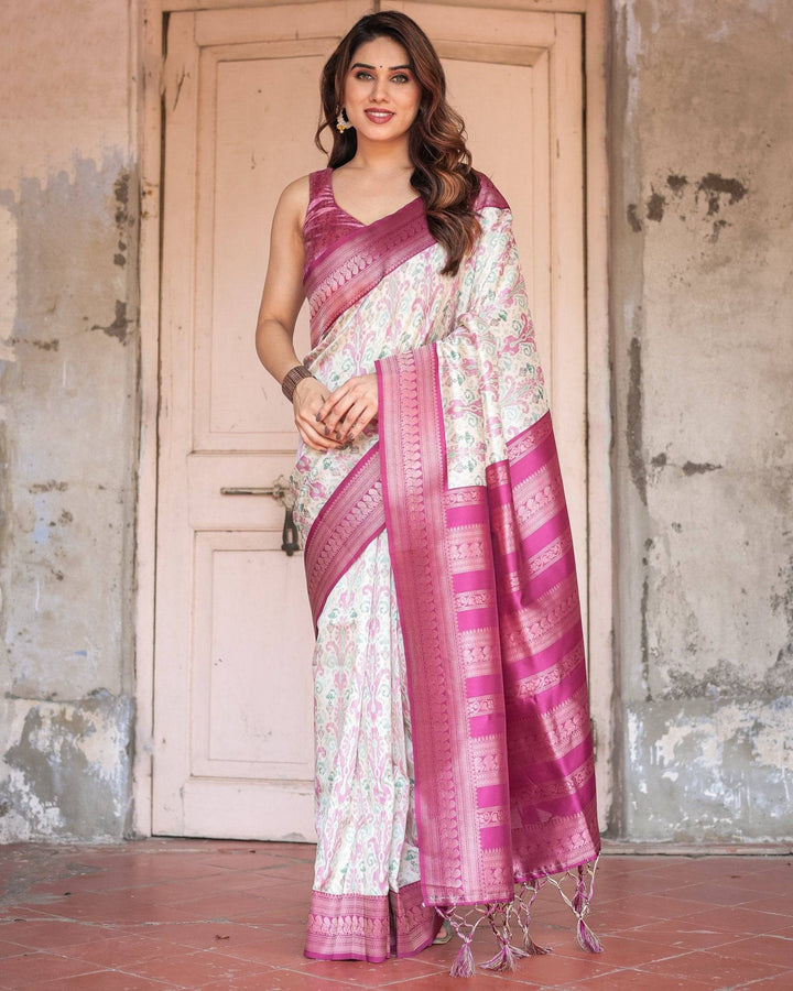 Off-White Banarasi Silk Saree with Pink Ikat Design and Zari Border RICH VARSHA H 1211-20
