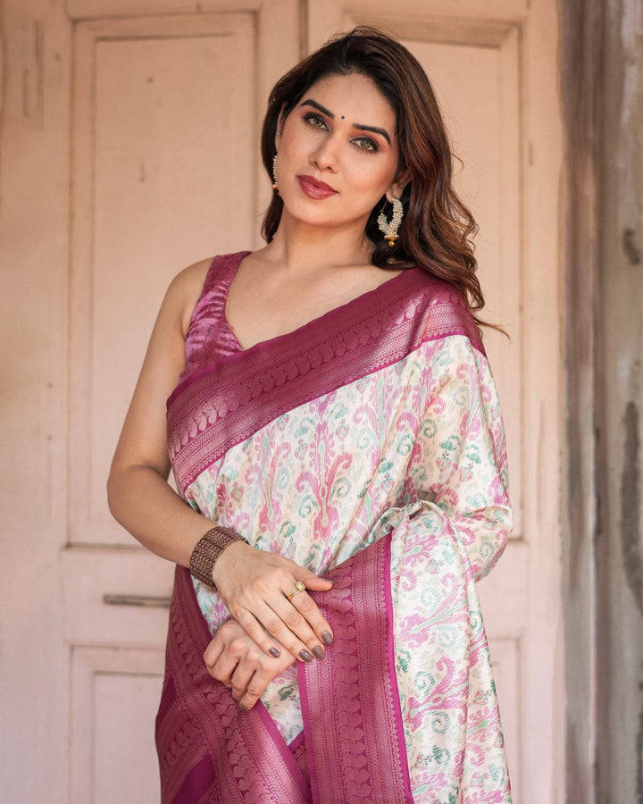 Off-White Banarasi Silk Saree with Pink Ikat Design and Zari Border RICH VARSHA H 1211-20