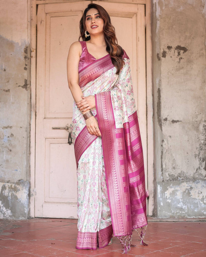 Off-White Banarasi Silk Saree with Pink Ikat Design and Zari Border RICH VARSHA H 1211-20