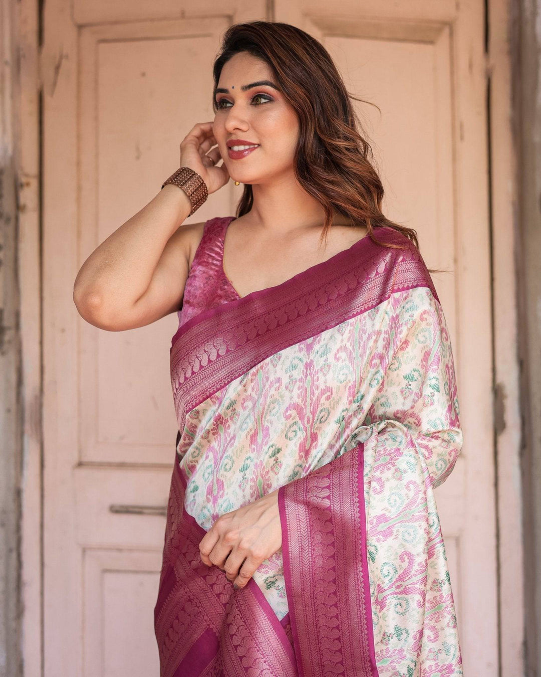 Off-White Banarasi Silk Saree with Pink Ikat Design and Zari Border RICH VARSHA H 1211-20