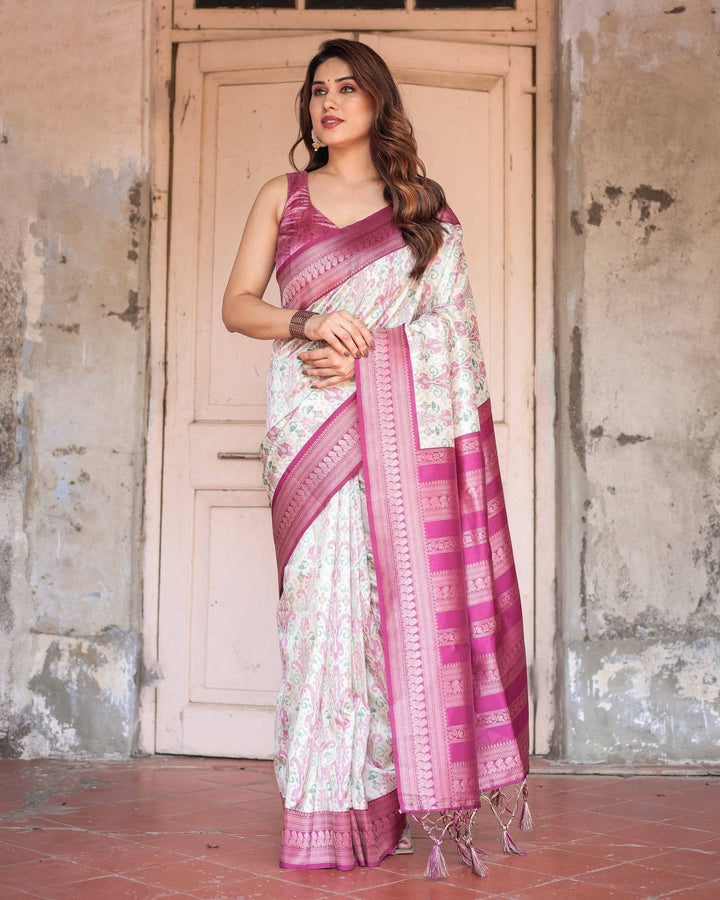 Off-White Banarasi Silk Saree with Pink Ikat Design and Zari Border RICH VARSHA H 1211-20