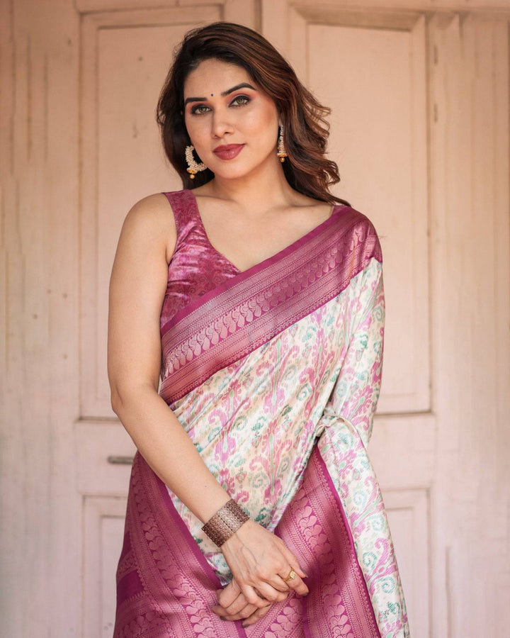 Off-White Banarasi Silk Saree with Pink Ikat Design and Zari Border RICH VARSHA H 1211-20